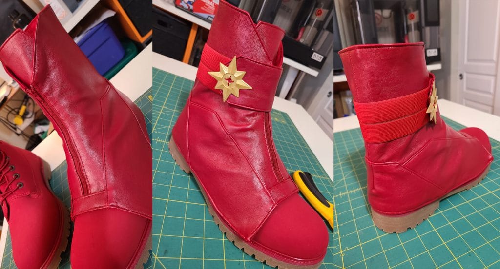 Three photos showing the finished boot covers on the base boot from several different angles.
