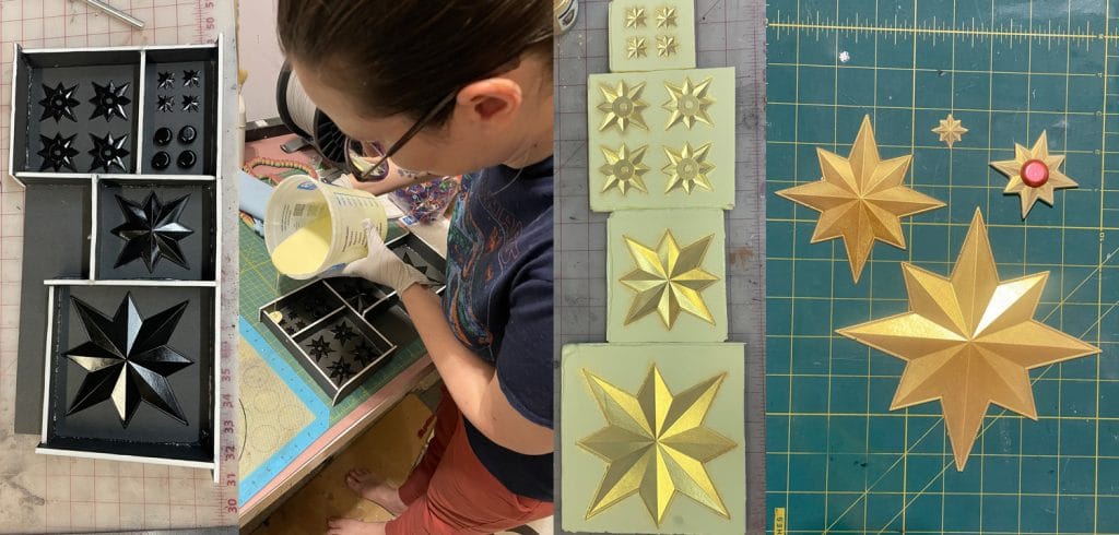 Four photos showing : the star masters in their mold boxes, Heather pouring silicone into the mold boxes, the final molds laid on a table, and a final cast of each star laid on a table.